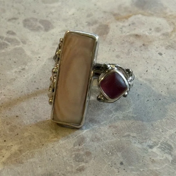 Vintage Sajen Sterling Silver Mother Of Pearl & Purple Quartz Ring Size 8 - Picture 4 of 9